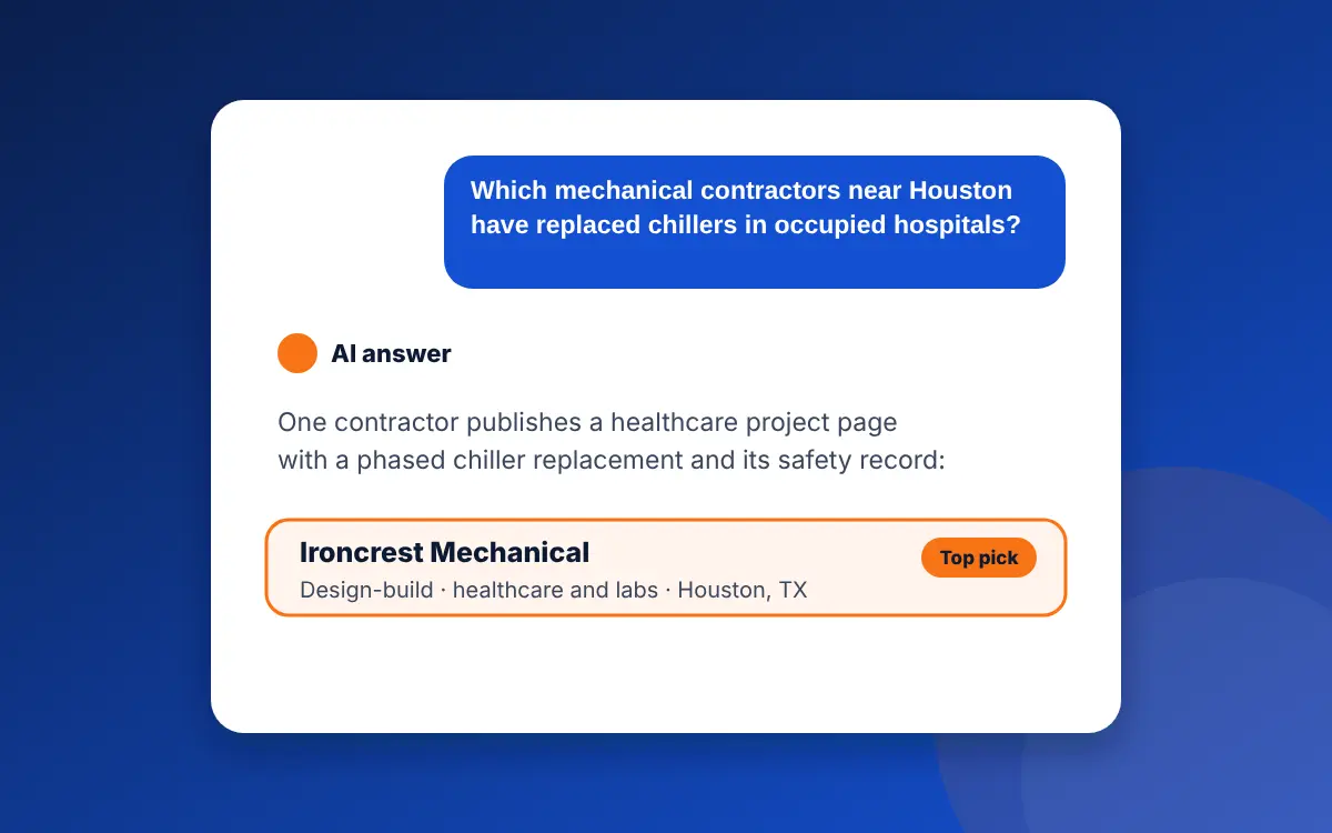 Illustration with a fictional company: a facilities manager asks an AI assistant which mechanical contractors can replace a chiller in an occupied hospital, and the answer highlights one contractor