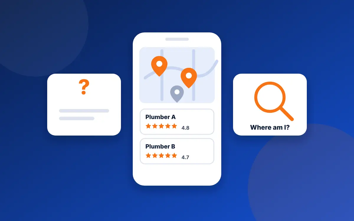 A phone showing a Google Maps search with two plumbers listed, next to a magnifying glass and a missing listing
