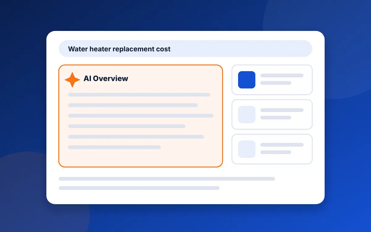 A Google results page with an AI Overview answering a water heater replacement cost search, with source links beside it