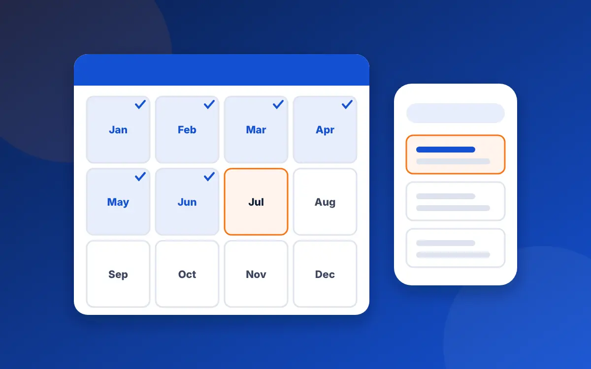 A wall calendar with the first six months checked off and July marked, beside a phone showing search results