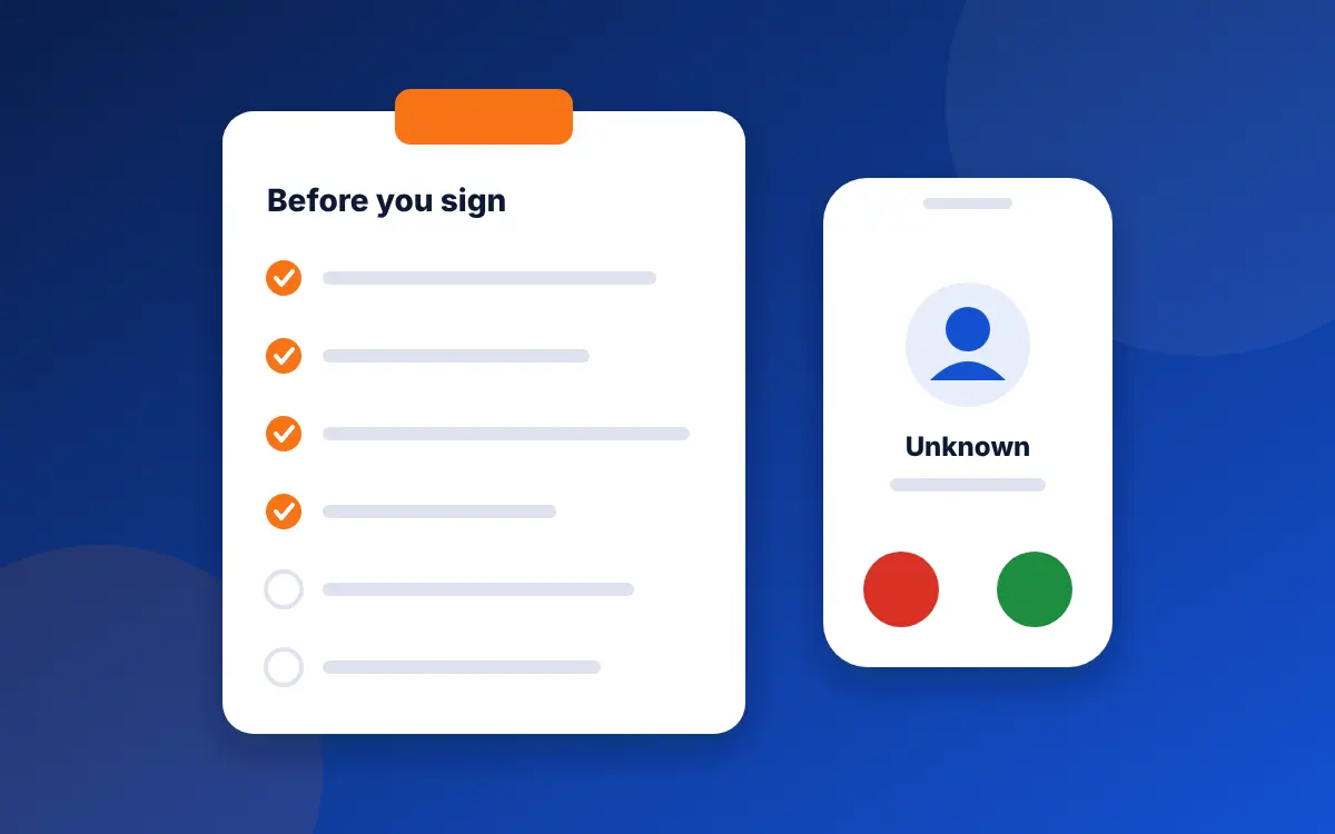 A clipboard checklist headed Before you sign, next to a phone showing an incoming call from an unknown number