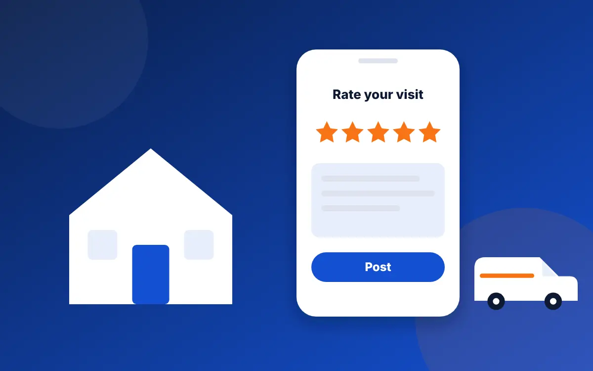 A phone asking a homeowner to rate a visit with five stars, next to a house and a service van driving away