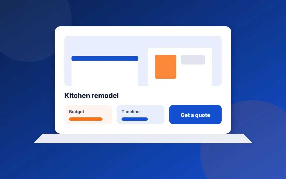 A laptop showing a kitchen remodel project page with budget, timeline and a quote button