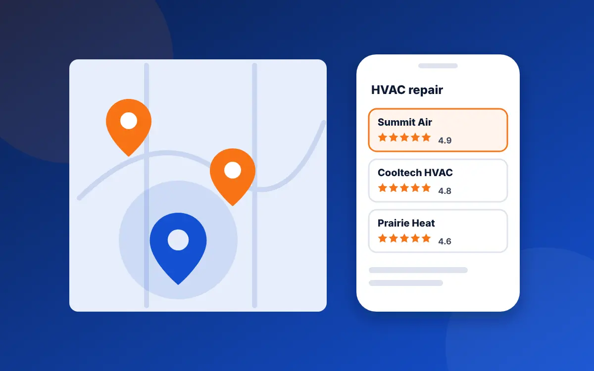 A map with contractor pins next to a phone showing Google Maps results for HVAC repair with three listings