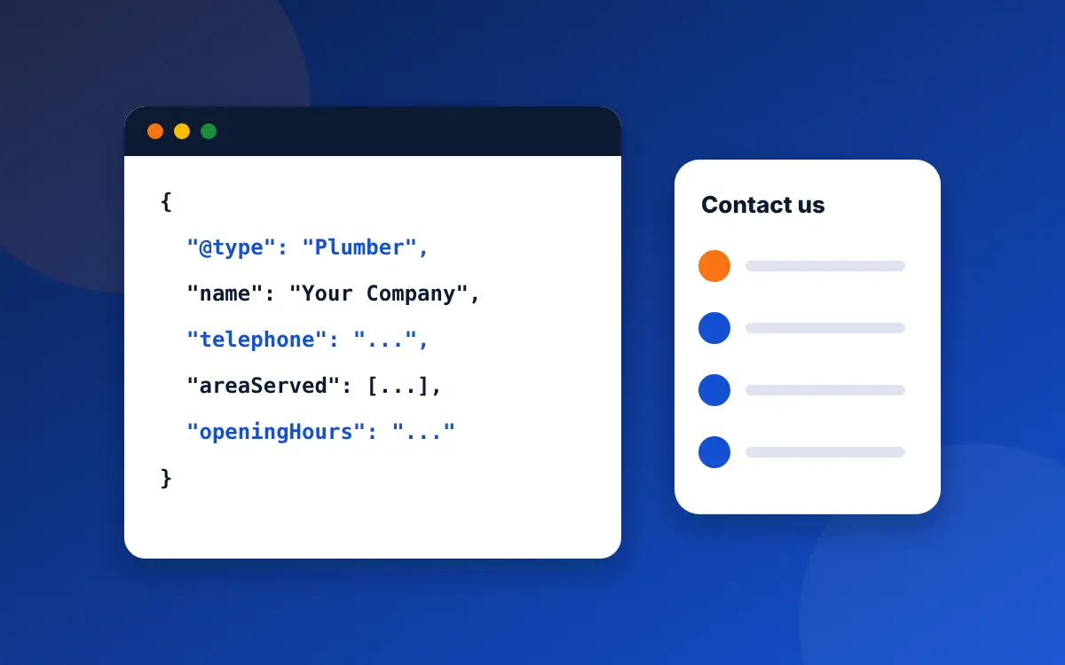 A code editor showing LocalBusiness structured data next to a contractor's contact page
