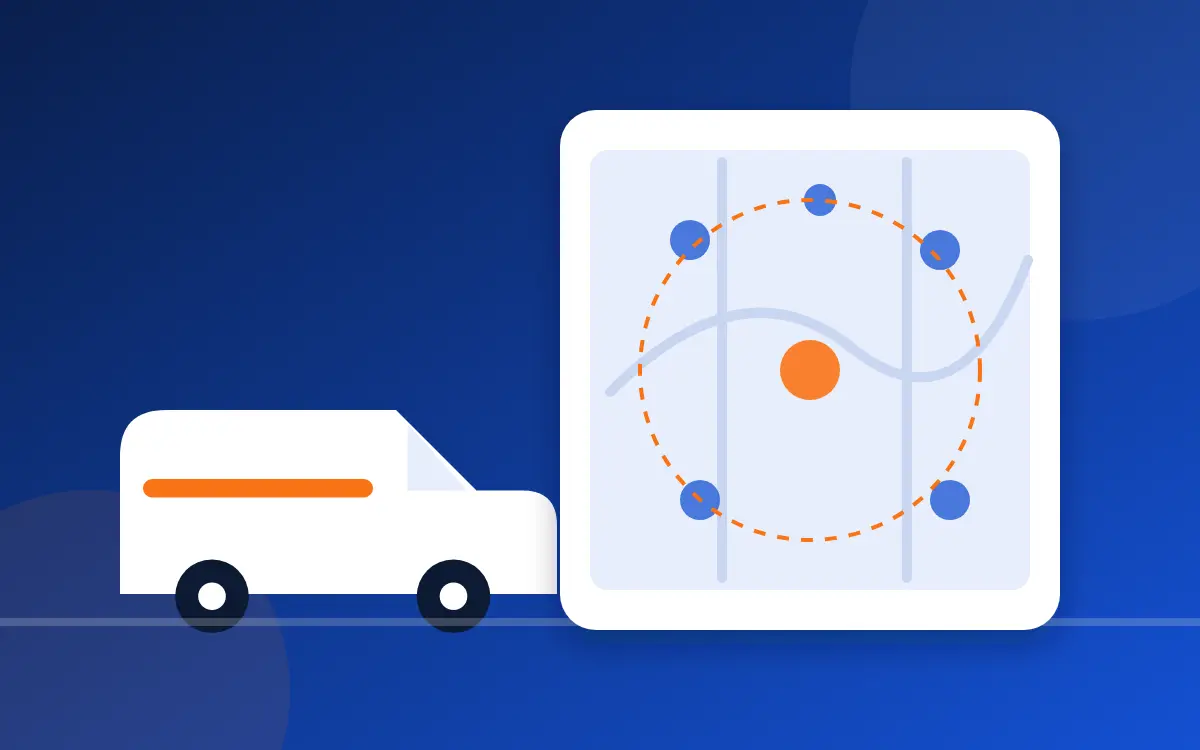 A service van beside a map with a dotted service radius around a home base and nearby towns