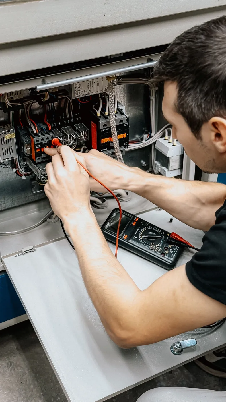 Electrician testing wiring in a control panel with a multimeter